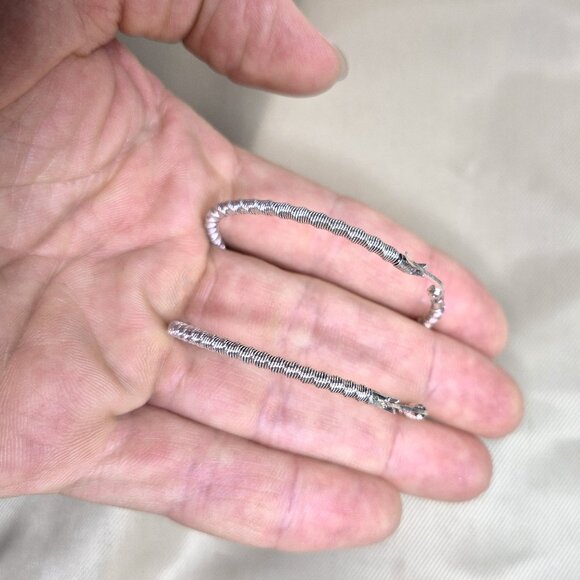 Delicate Coiled Sterling Silver Hoop Earrings, Stamped 925, Simple Hinged Hoops - Picture 7 of 7